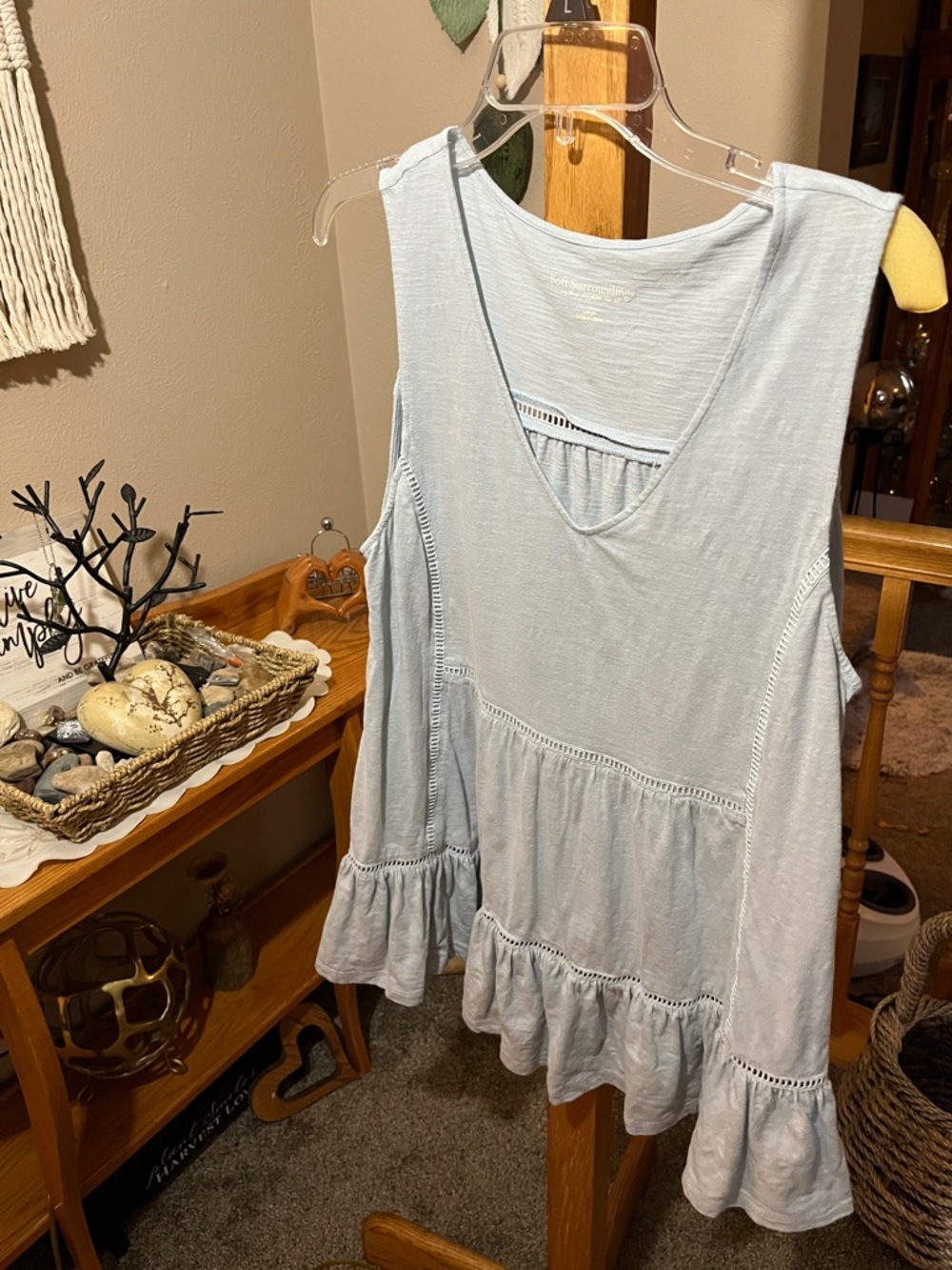 Soft Surroundings Light Blue Ruffle-Hem V-Neck Tank